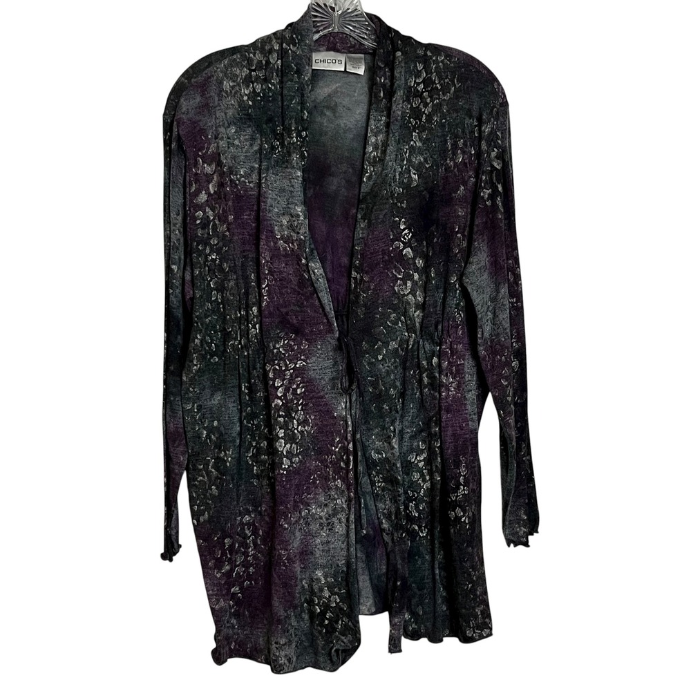 Chicos Open Front Cardigan Size 2 ‎ Med Purple Gray Floral Print  Duster (3051)